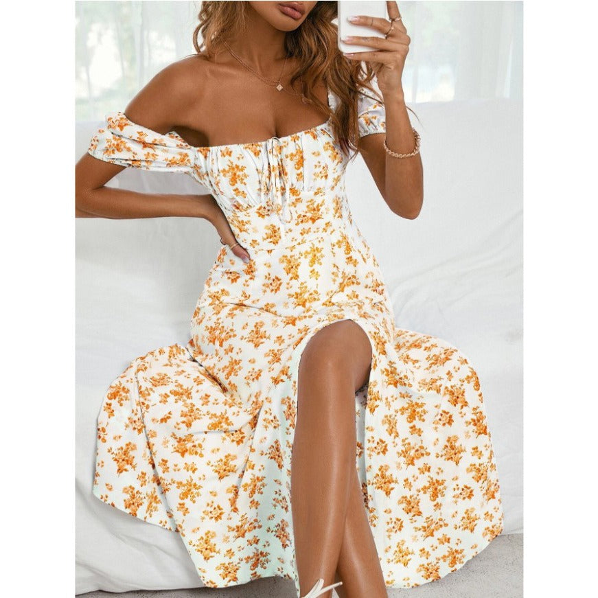 French Floral Printed Open Back Slim Fit Split Dress for Women