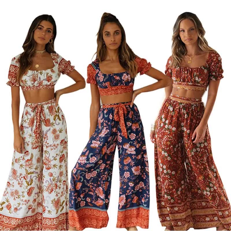 Women's bohemian style printed bottom and top