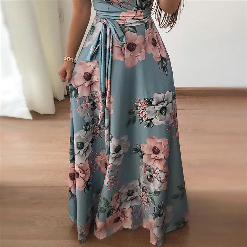 Floral Printed Casual Short Sleeve Long Dress  Maxi Dress