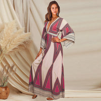New deep V neck Indian print long skirt dress