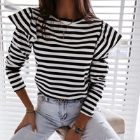 Striped Ruffle Long Sleeve Tops For Women