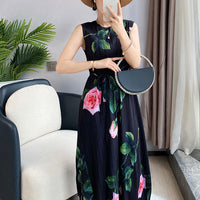 Rose Flower Print Pleated Easy Fit Casual Dress