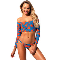 Printed off shoulder long sleeve low waist two piece swimsuit