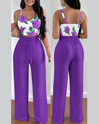 New fashion print strap tie long pants set