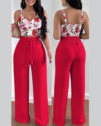 New fashion print strap tie long pants set