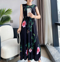 Rose Flower Print Pleated Easy Fit Casual Dress