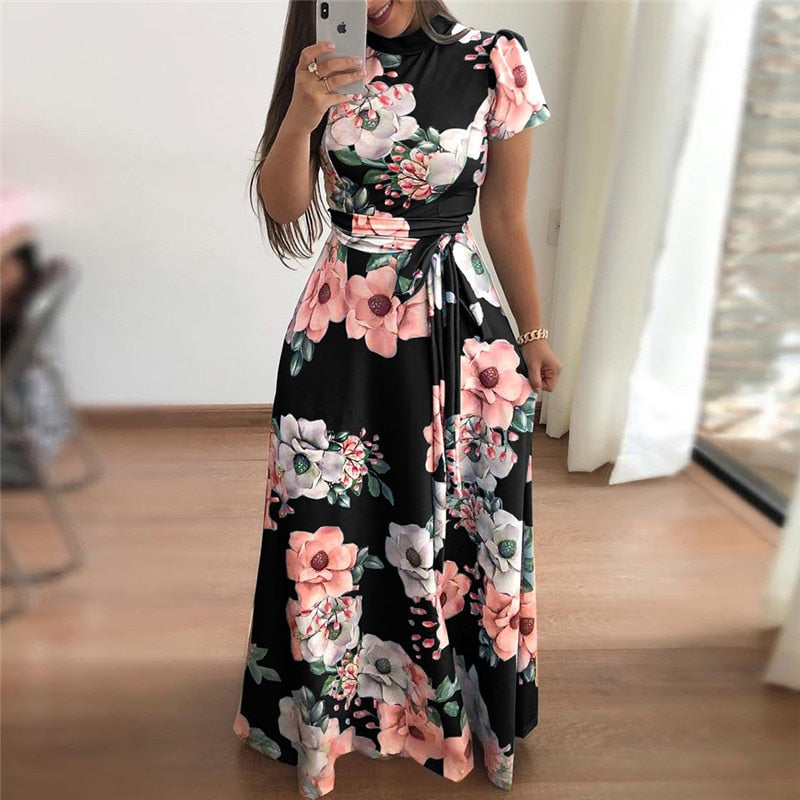 Floral Printed Casual Short Sleeve Long Dress  Maxi Dress