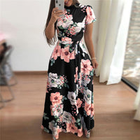 Floral Printed Casual Short Sleeve Long Dress  Maxi Dress