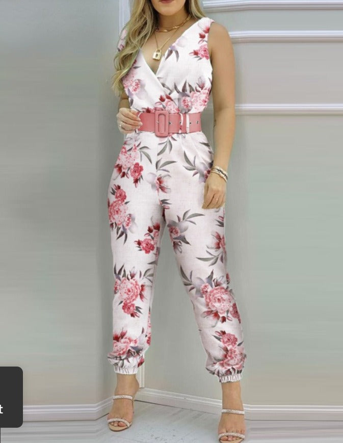 Women's printed jumpsuit pants with belt