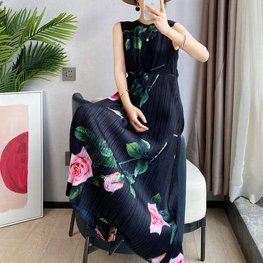 Rose Flower Print Pleated Easy Fit Casual Dress