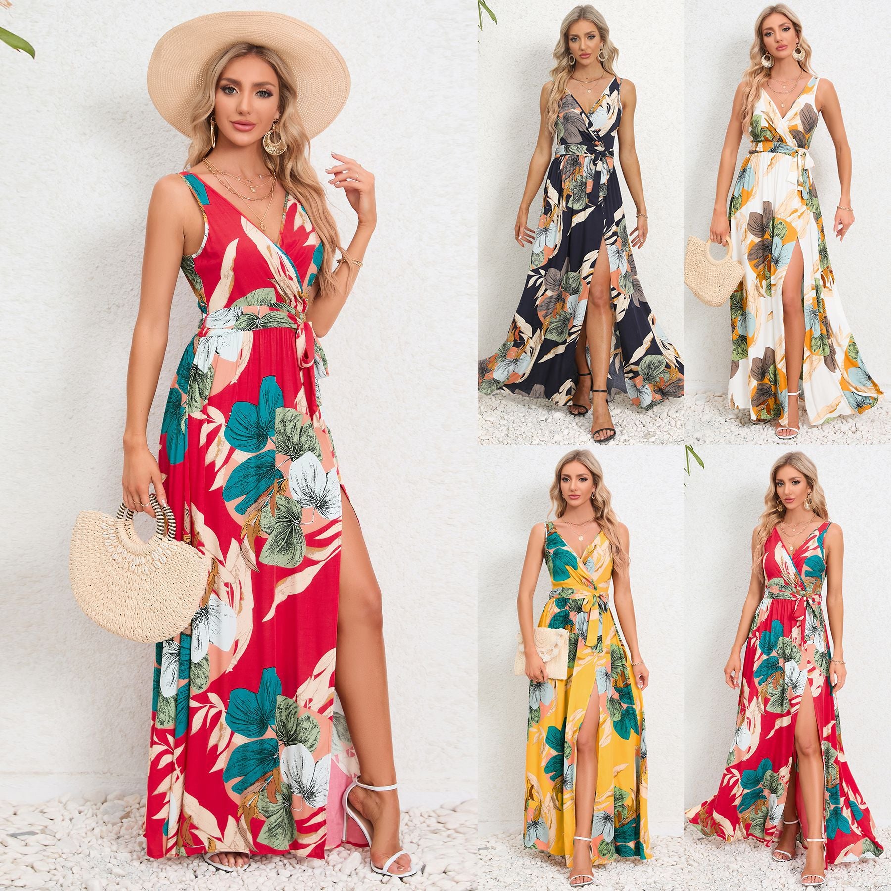 V-neck Floral Print Long Summer Dress
