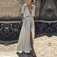 Summer Women Loose Pockets Deep V Neck Maxi Dress