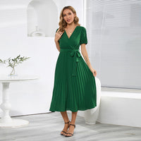 V neck bubble sleeve pleated long dress