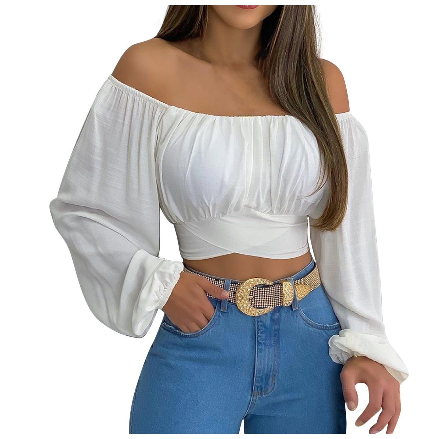 Women's off shoulder cross tie long sleeve top