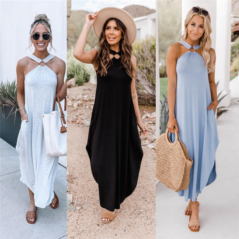 Spring And Summer  Off-The-Shoulder Casual And Comfortable Halter Neck Long Pocket Dress