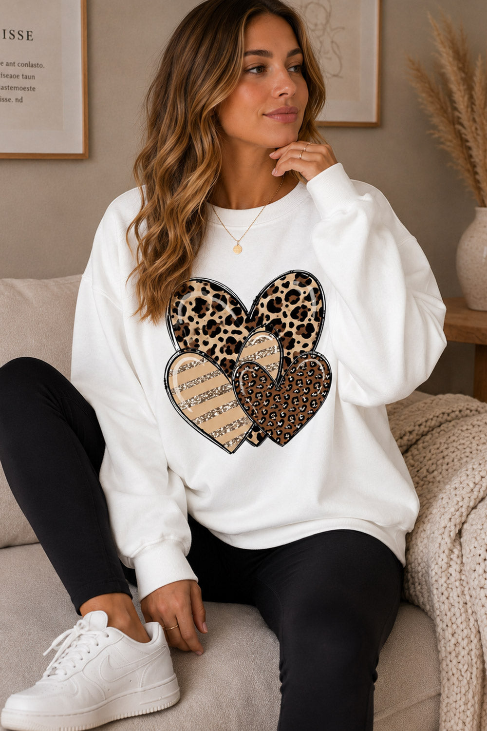 Women's Leopard Print Heart Sweatshirt – Striped Long Sleeve Crew Neck