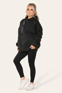 Women's Oversized Ruched Sleeve Hoodie & High-Waisted Ribbed Leggings Set – Satin Ribbon Detail