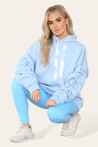 Women's Oversized Ruched Sleeve Hoodie & High-Waisted Ribbed Leggings Set – Satin Ribbon Detail