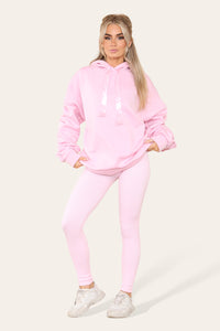Women's Oversized Ruched Sleeve Hoodie & High-Waisted Ribbed Leggings Set – Satin Ribbon Detail
