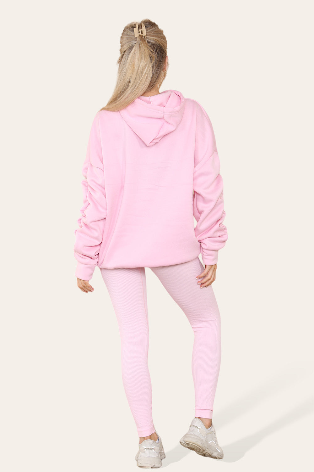 Women's Oversized Ruched Sleeve Hoodie & High-Waisted Ribbed Leggings Set – Satin Ribbon Detail