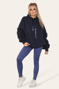Women's Oversized Ruched Sleeve Hoodie & High-Waisted Ribbed Leggings Set – Satin Ribbon Detail