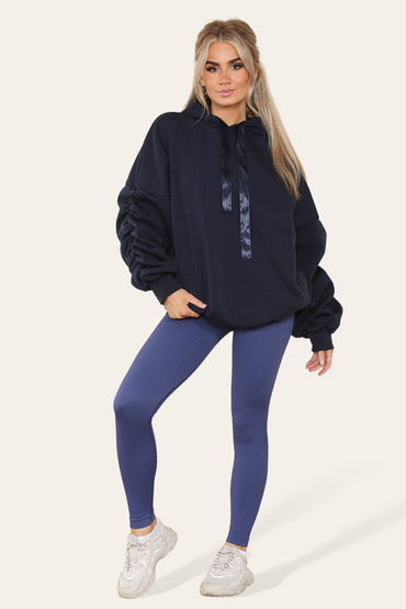 Women's Oversized Ruched Sleeve Hoodie & High-Waisted Ribbed Leggings Set – Satin Ribbon Detail