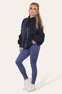 Women's Oversized Ruched Sleeve Hoodie & High-Waisted Ribbed Leggings Set – Satin Ribbon Detail