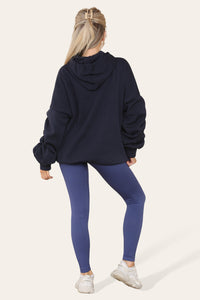 Women's Oversized Ruched Sleeve Hoodie & High-Waisted Ribbed Leggings Set – Satin Ribbon Detail