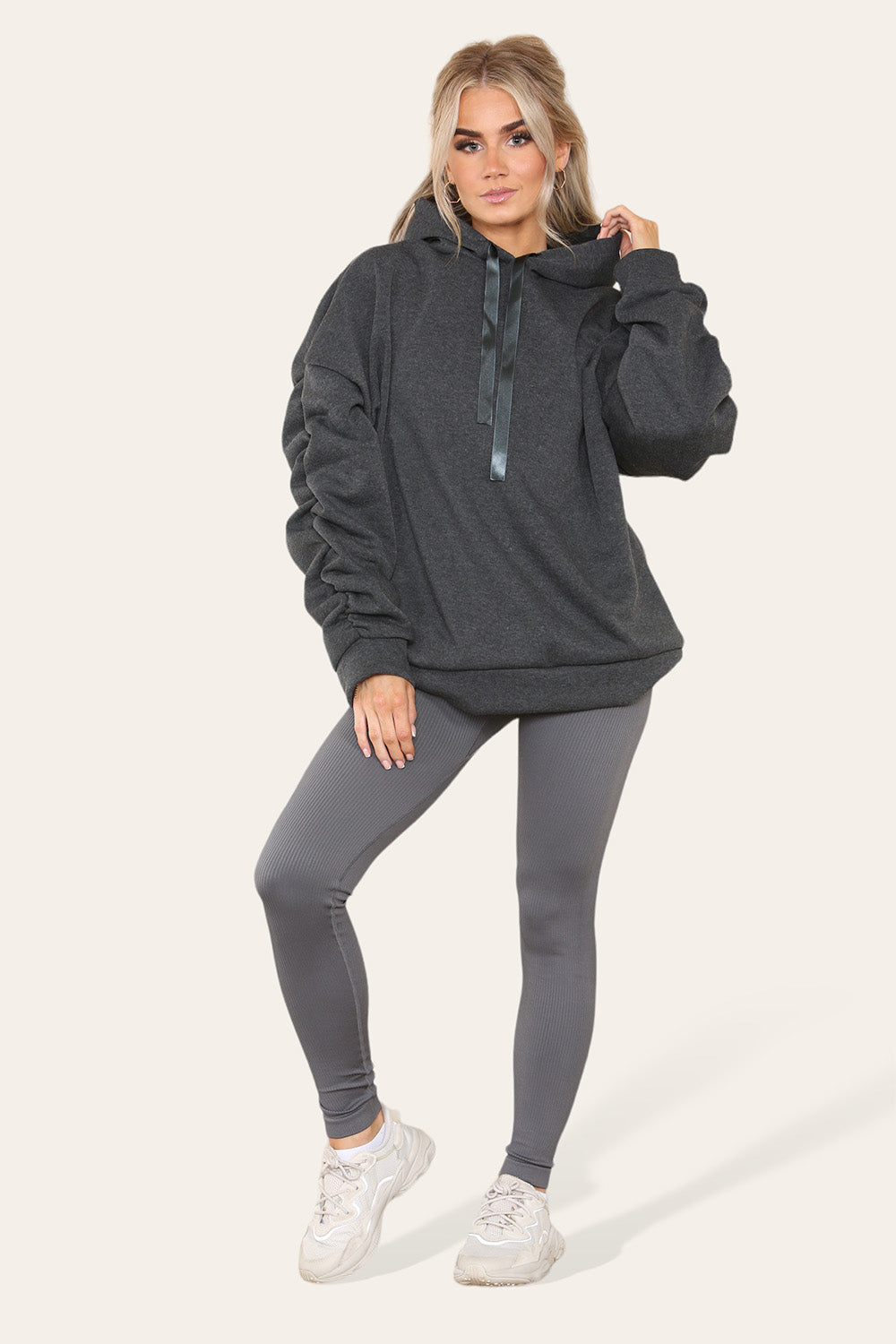 Women's Oversized Ruched Sleeve Hoodie & High-Waisted Ribbed Leggings Set – Satin Ribbon Detail