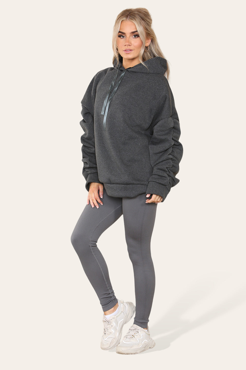Women's Oversized Ruched Sleeve Hoodie & High-Waisted Ribbed Leggings Set – Satin Ribbon Detail