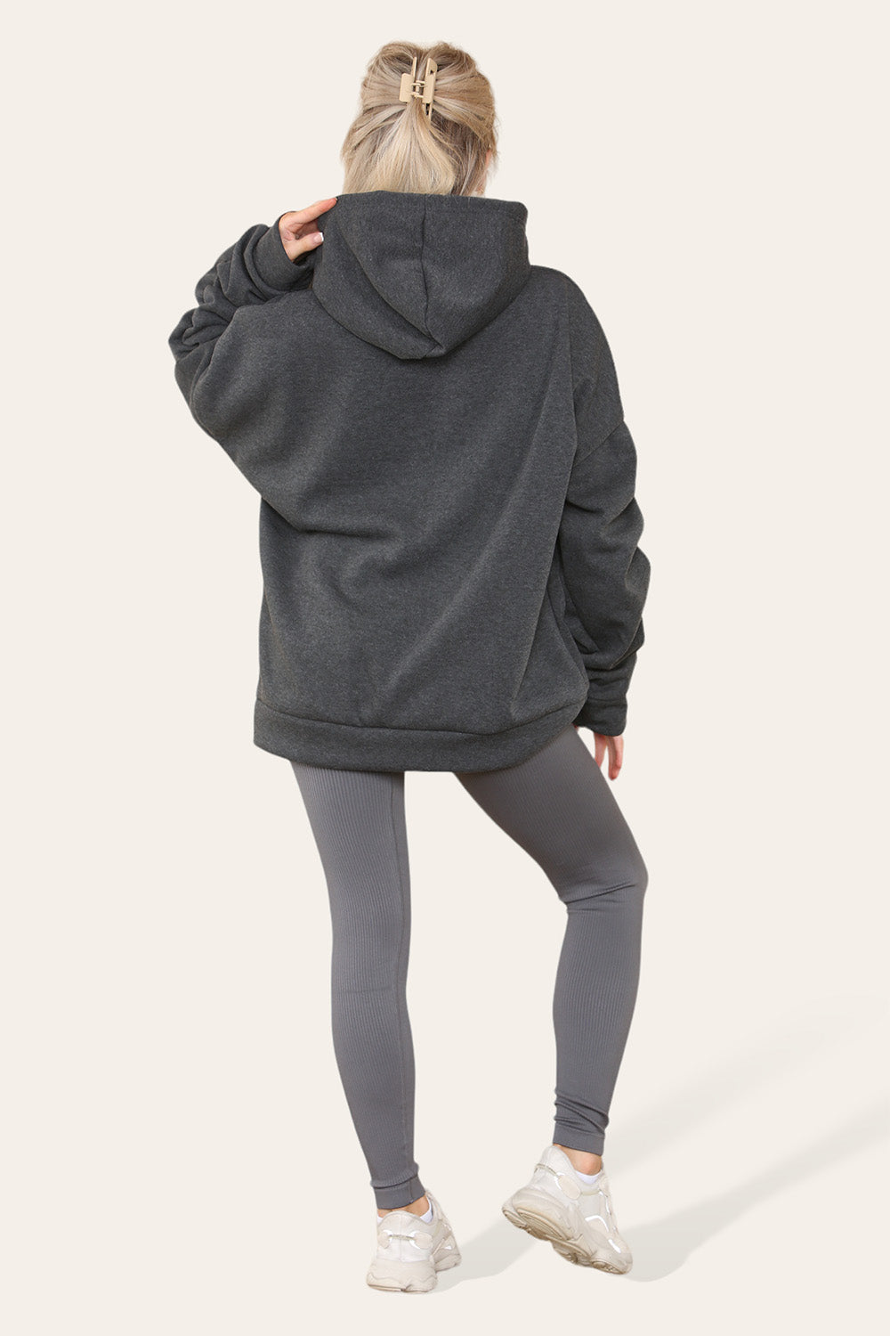 Women's Oversized Ruched Sleeve Hoodie & High-Waisted Ribbed Leggings Set – Satin Ribbon Detail