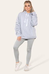 Women's Oversized Ruched Sleeve Hoodie & High-Waisted Ribbed Leggings Set – Satin Ribbon Detail