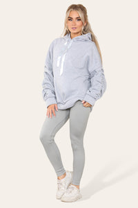 Women's Oversized Ruched Sleeve Hoodie & High-Waisted Ribbed Leggings Set – Satin Ribbon Detail