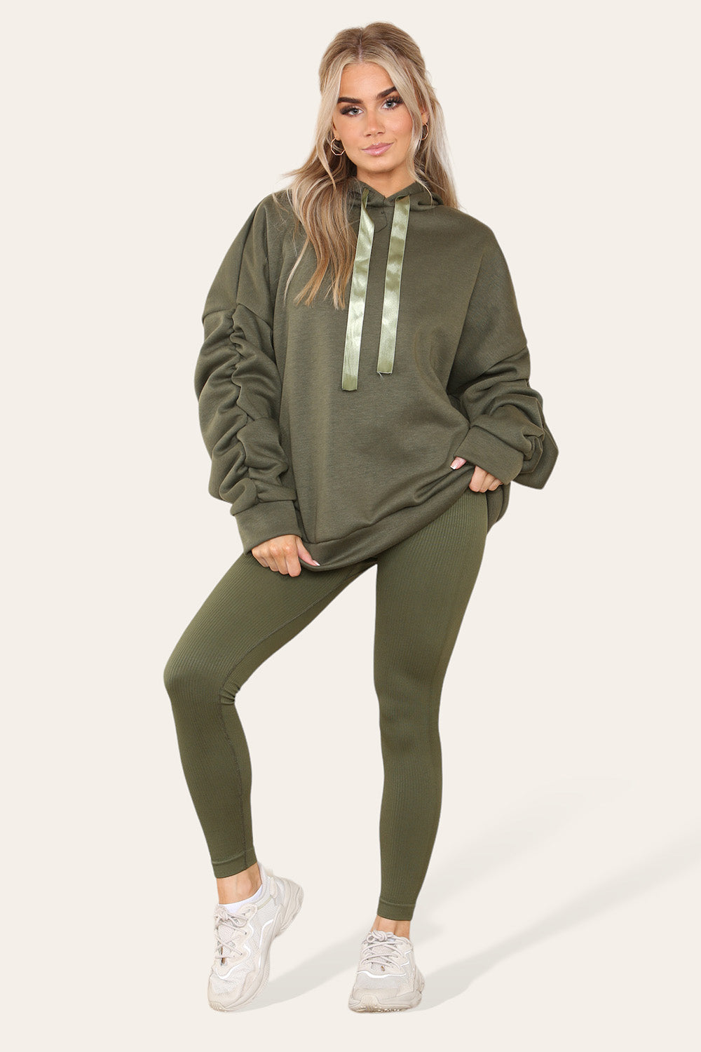 Women's Oversized Ruched Sleeve Hoodie & High-Waisted Ribbed Leggings Set – Satin Ribbon Detail