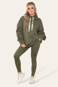 Women's Oversized Ruched Sleeve Hoodie & High-Waisted Ribbed Leggings Set – Satin Ribbon Detail