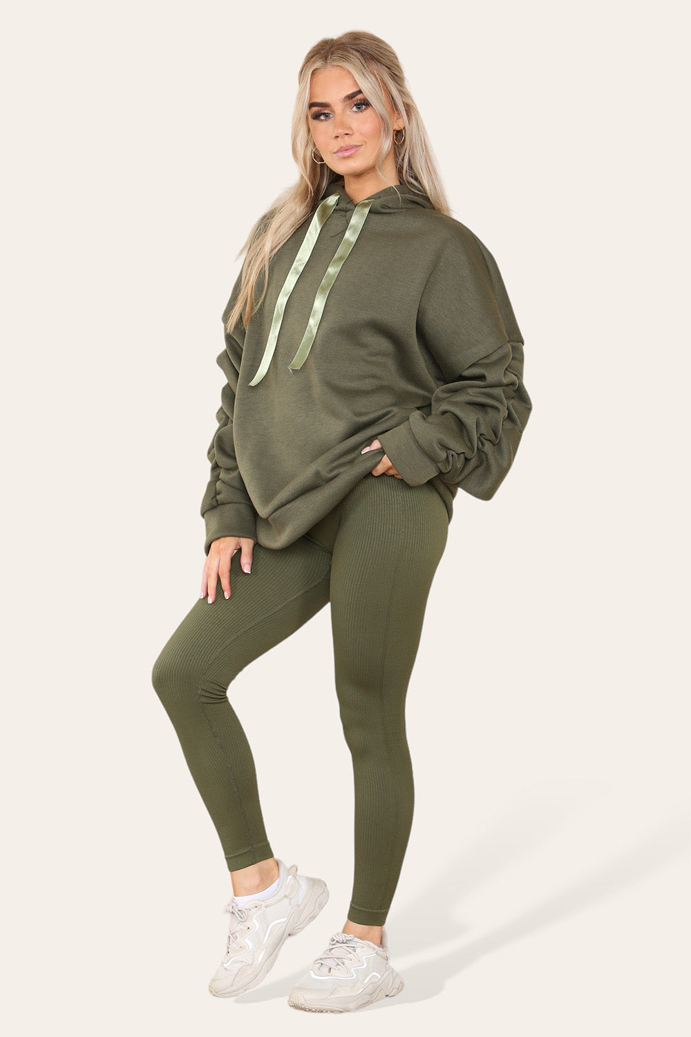 Women's Oversized Ruched Sleeve Hoodie & High-Waisted Ribbed Leggings Set – Satin Ribbon Detail