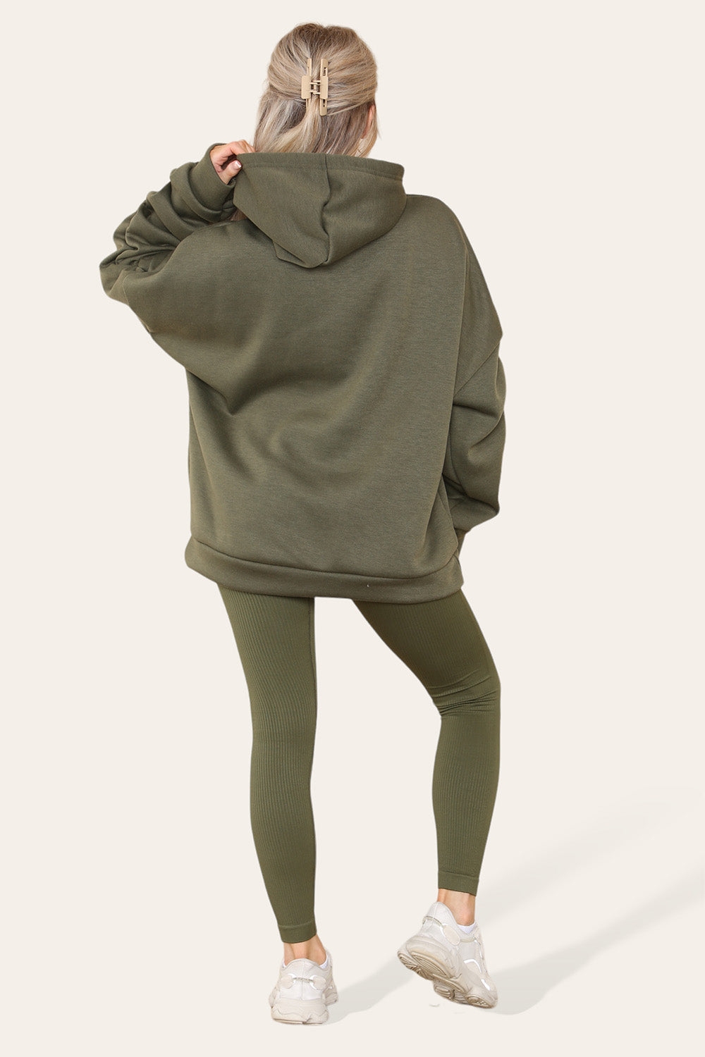 Women's Oversized Ruched Sleeve Hoodie & High-Waisted Ribbed Leggings Set – Satin Ribbon Detail