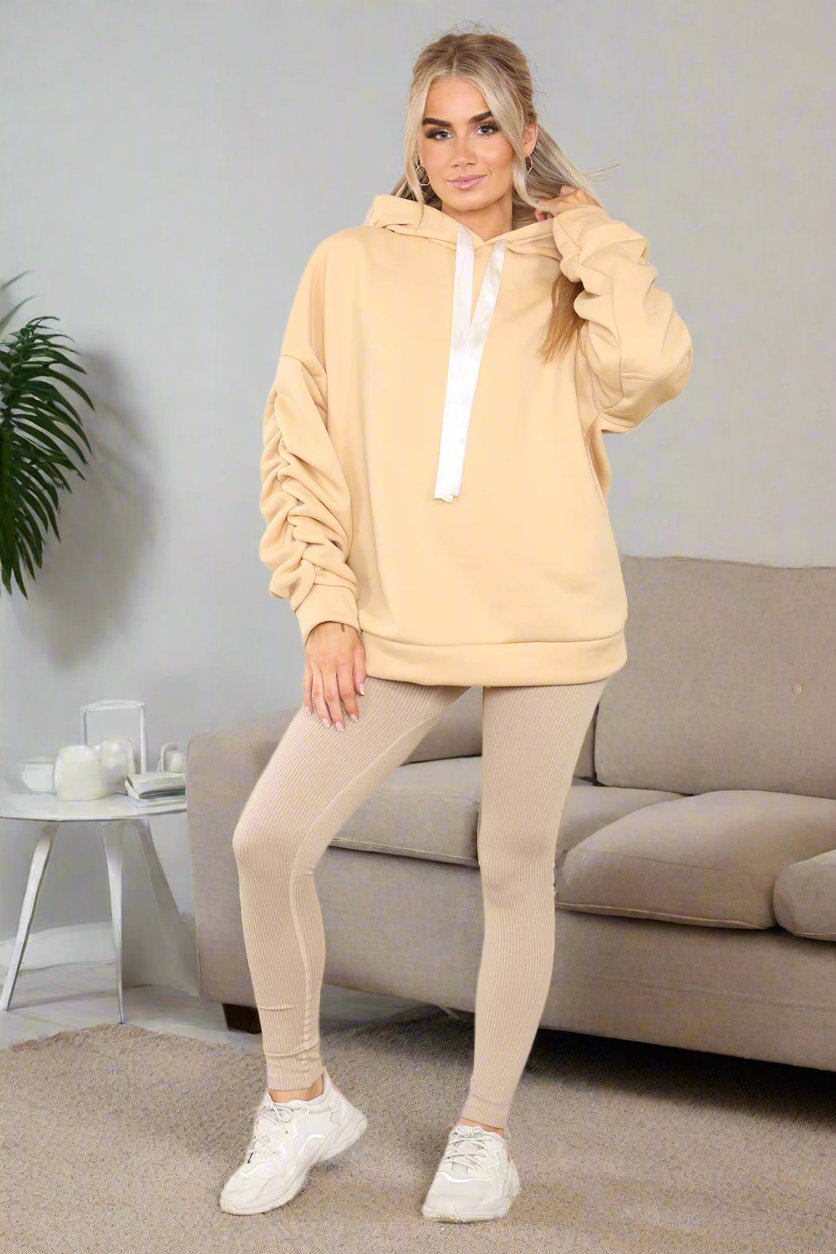 Women's Oversized Ruched Sleeve Hoodie & High-Waisted Ribbed Leggings Set – Satin Ribbon Detail
