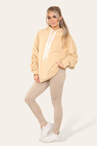 Women's Oversized Ruched Sleeve Hoodie & High-Waisted Ribbed Leggings Set – Satin Ribbon Detail