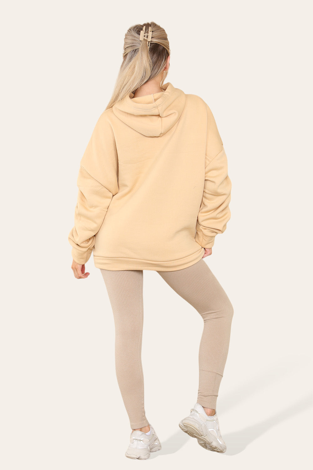 Women's Oversized Ruched Sleeve Hoodie & High-Waisted Ribbed Leggings Set – Satin Ribbon Detail