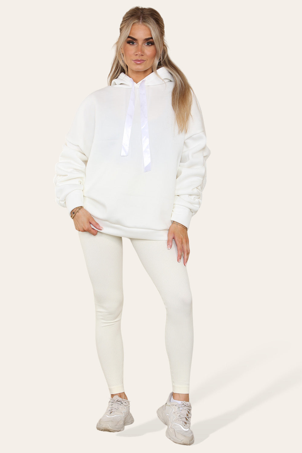 Women's Oversized Ruched Sleeve Hoodie & High-Waisted Ribbed Leggings Set – Satin Ribbon Detail