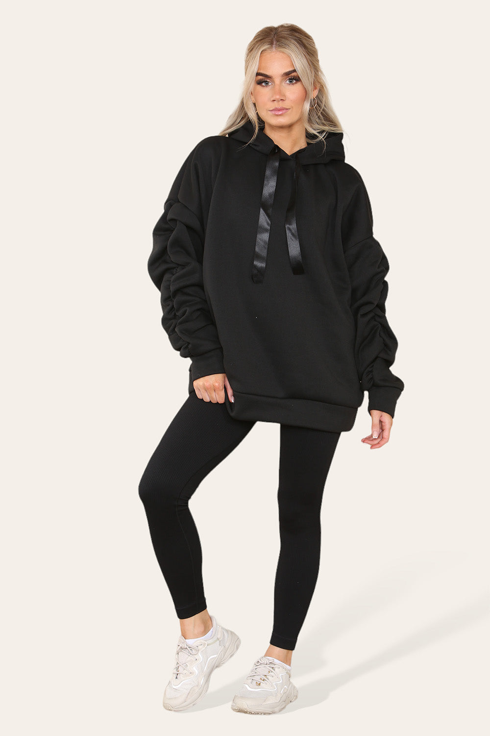 Women's Oversized Ruched Sleeve Hoodie & High-Waisted Ribbed Leggings Set – Satin Ribbon Detail