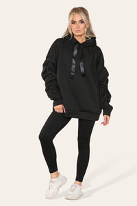 Women's Oversized Ruched Sleeve Hoodie & High-Waisted Ribbed Leggings Set – Satin Ribbon Detail