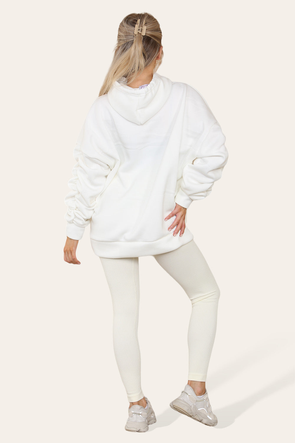 Women's Oversized Ruched Sleeve Hoodie & High-Waisted Ribbed Leggings Set – Satin Ribbon Detail