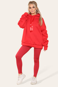 Women's Oversized Ruched Sleeve Hoodie & High-Waisted Ribbed Leggings Set – Satin Ribbon Detail