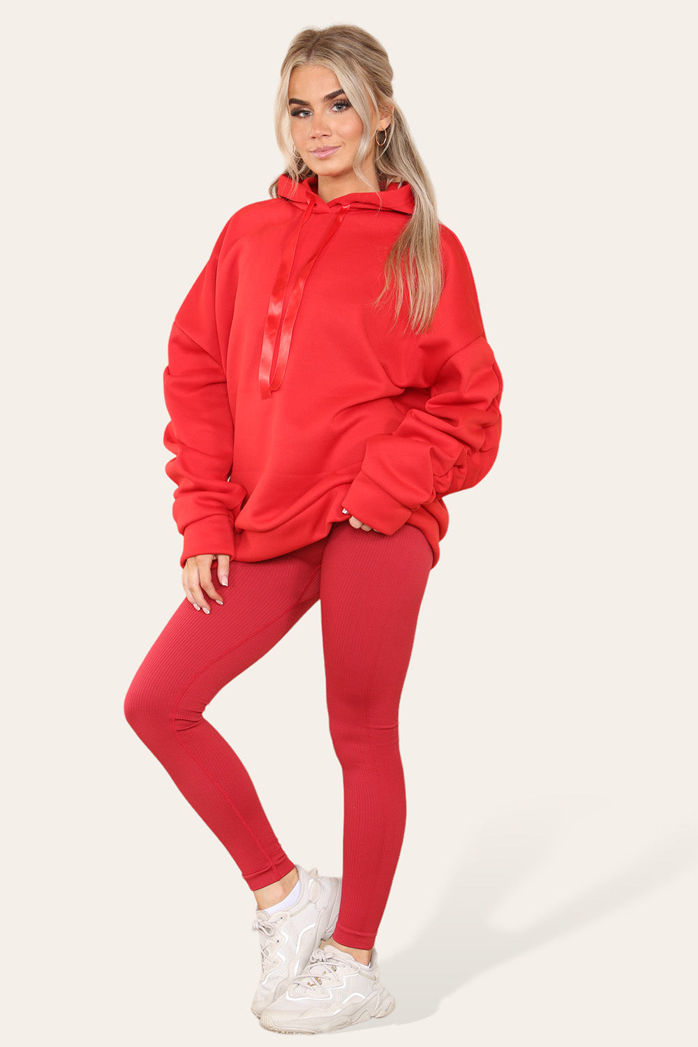 Women's Oversized Ruched Sleeve Hoodie & High-Waisted Ribbed Leggings Set – Satin Ribbon Detail