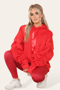Women's Oversized Ruched Sleeve Hoodie & High-Waisted Ribbed Leggings Set – Satin Ribbon Detail