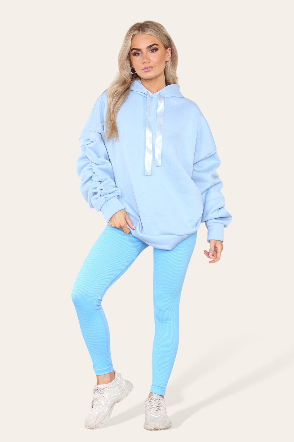 Women's Oversized Ruched Sleeve Hoodie & High-Waisted Ribbed Leggings Set – Satin Ribbon Detail