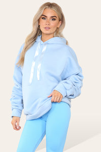 Women's Oversized Ruched Sleeve Hoodie & High-Waisted Ribbed Leggings Set – Satin Ribbon Detail