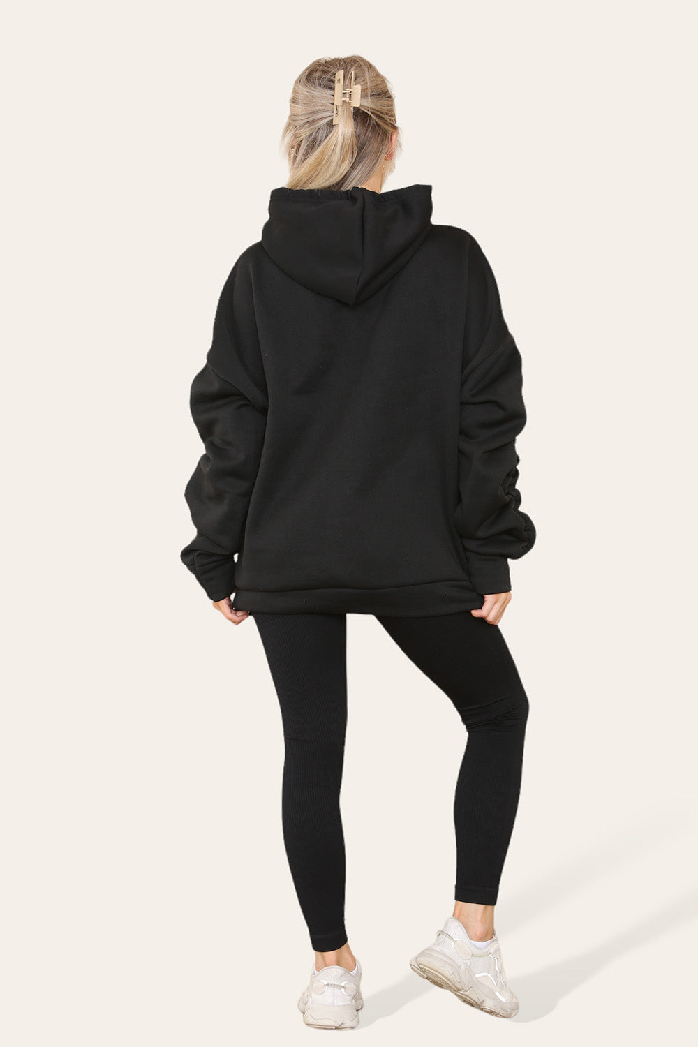 Women's Oversized Ruched Sleeve Hoodie & High-Waisted Ribbed Leggings Set – Satin Ribbon Detail